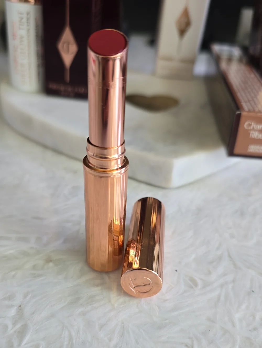 Charlotte Tilbury Satin Lipstick in Deep Red with Rose Gold Tube